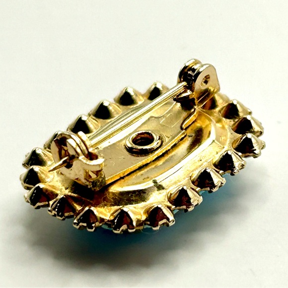 Vintage Guilloche Mid Century Rectangular Enamel Rhinestone Pin Blue Small 50’s - Picture 14 of 14